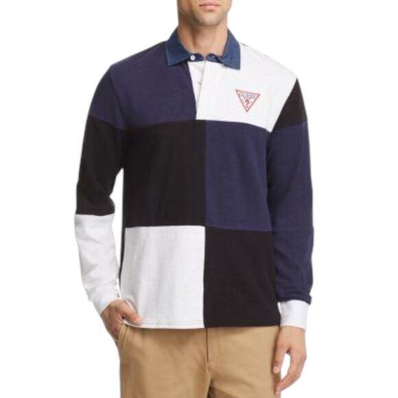 GUESS Caleb Slub Jersey Rugby Shirt Color Block Preppy Large Black Navy Cropped - Picture 1 of 5